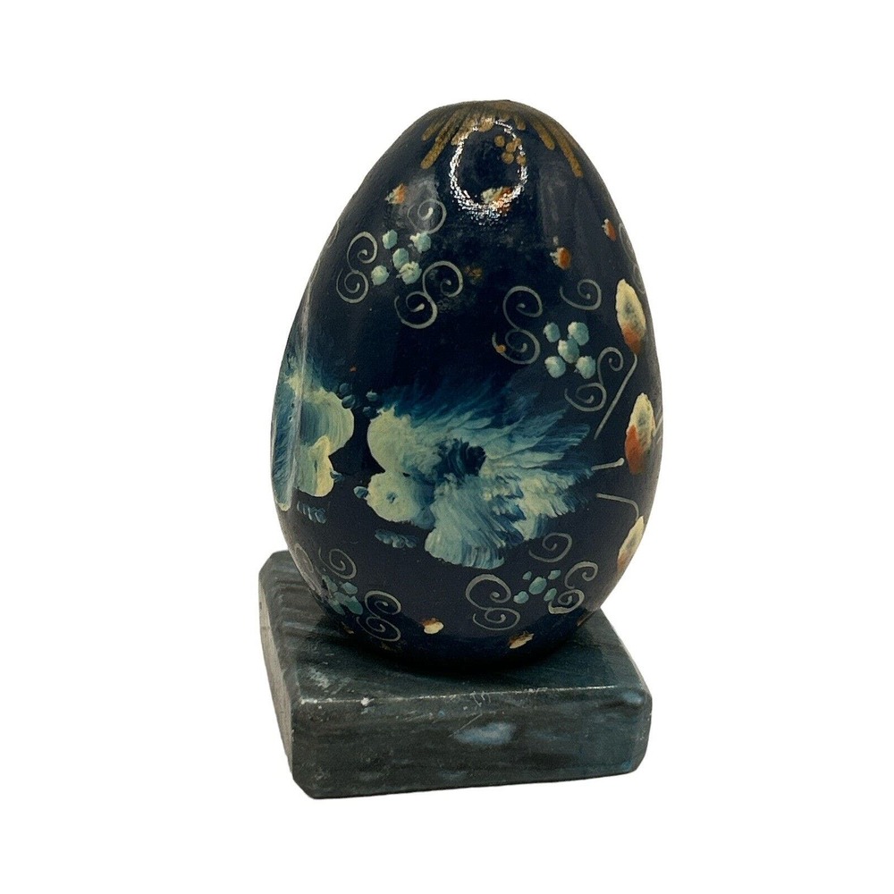Cloisonne Egg Blue Hand Painted Beauty On Green Stone Stand Cottage Core